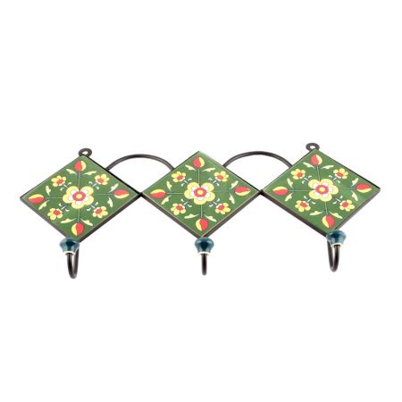 Forest Green Triangle Floral Ceramic Tiles Hooks
